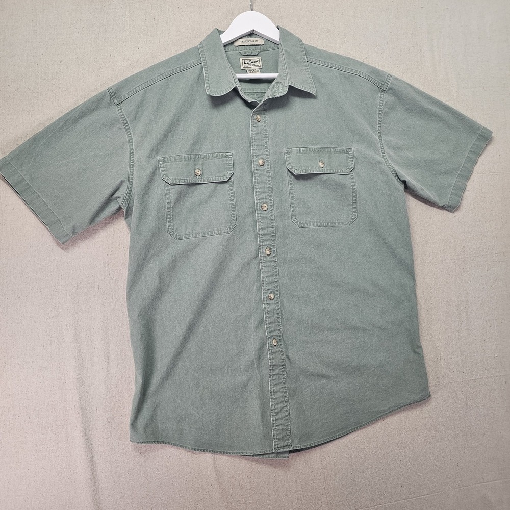 L.L. Bean XL Green Sunwashed Canvas Short Sleeve Traditional Fit Shirt ID 270135